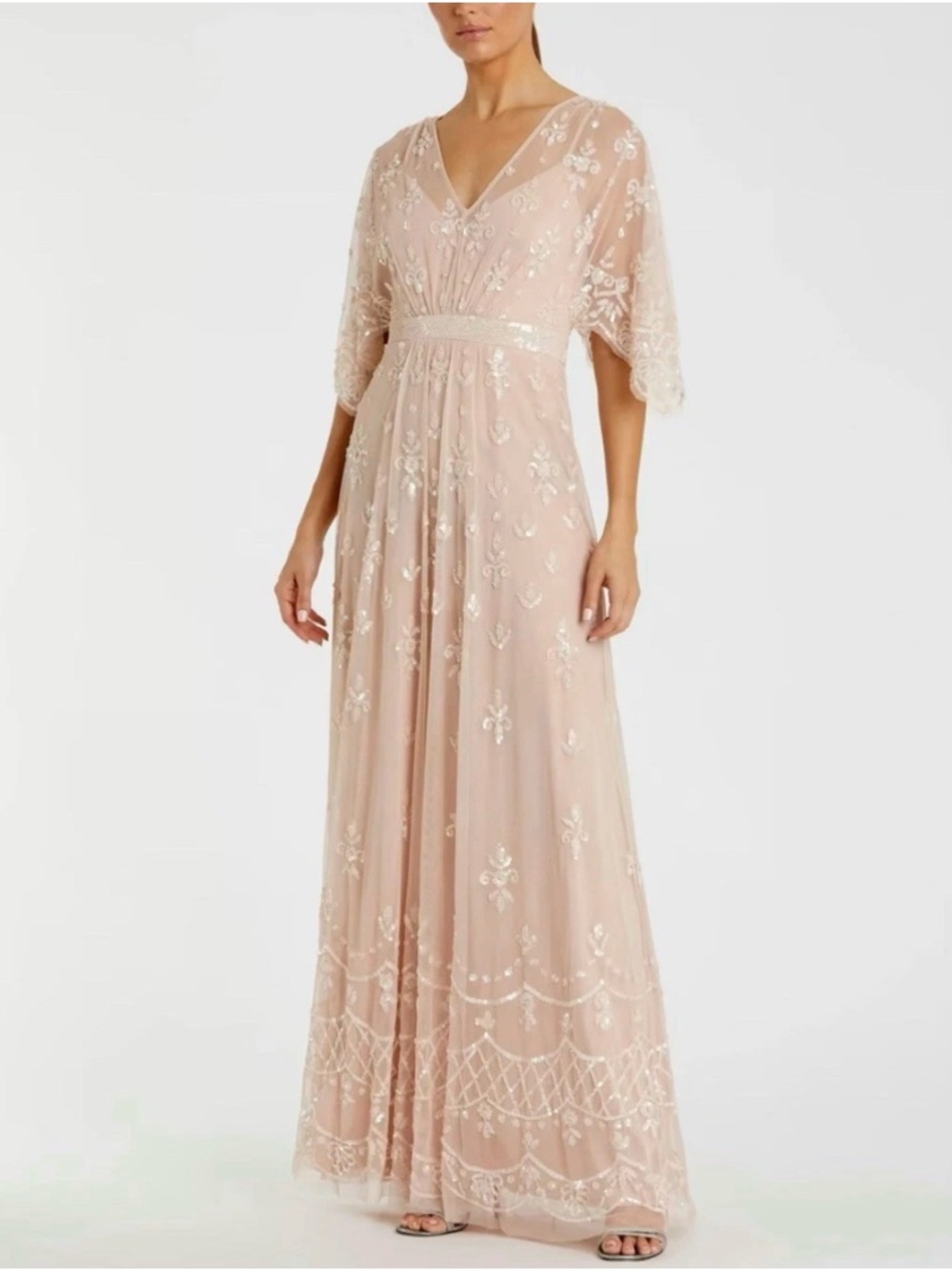 Mac Duggal Blush Beaded V-Neck Maxi Gown